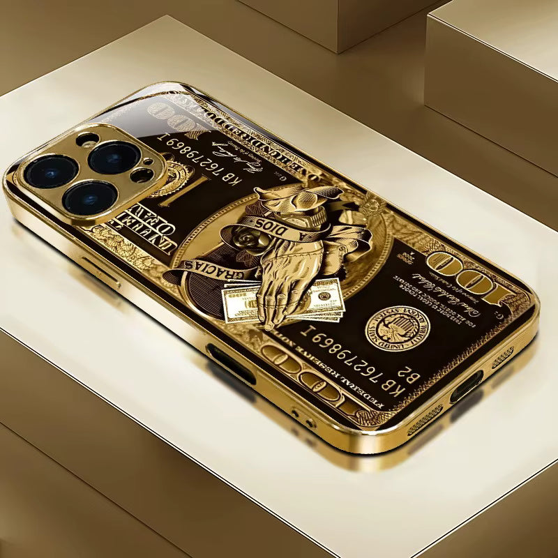 Creative Wealth Pattern Gold Metallic Paint Glass Phone Case For iPhone