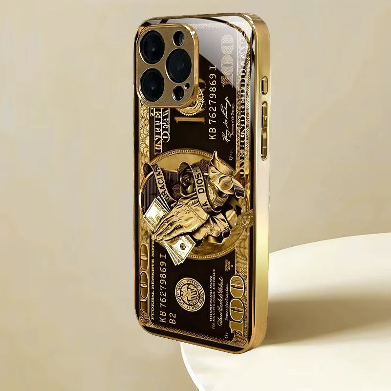 Creative Wealth Pattern Gold Metallic Paint Glass Phone Case For iPhone