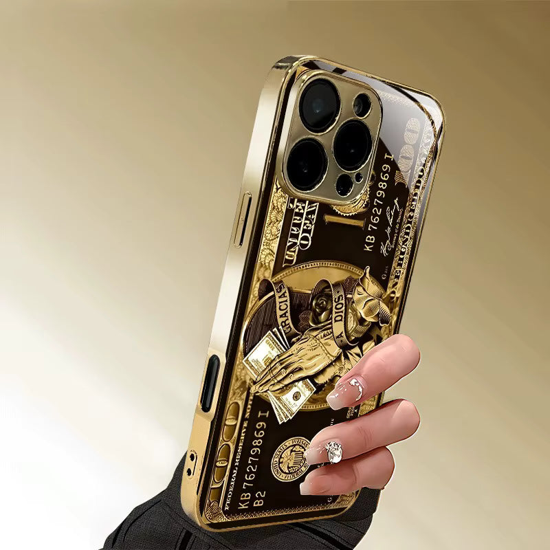 Creative Wealth Pattern Gold Metallic Paint Glass Phone Case For iPhone